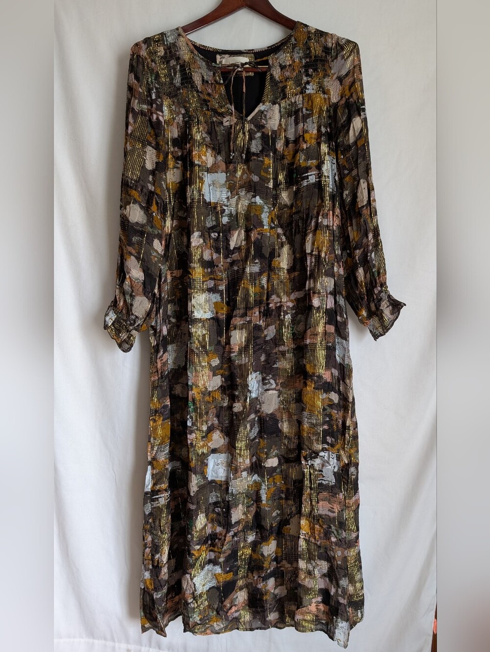 Anthropologie Blair Shimmer Maxi Dress L Gold Metallic Abstract Print Lined - Picture 4 of 14
